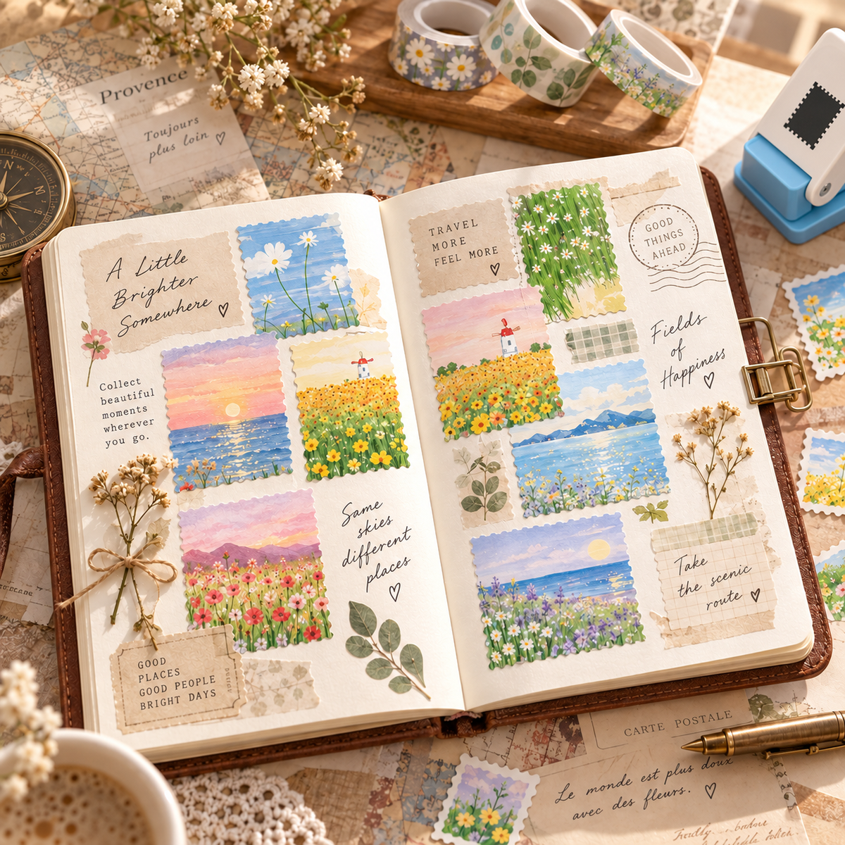 50-Piece Waterproof Watercolor Flower & Landscape Sticker Set