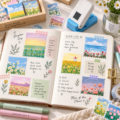 50-Piece Waterproof Watercolor Flower & Landscape Sticker Set