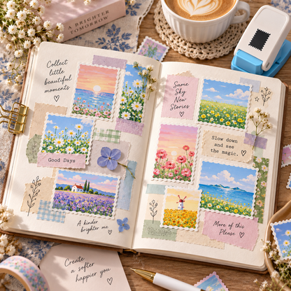 50-Piece Waterproof Watercolor Flower & Landscape Sticker Set