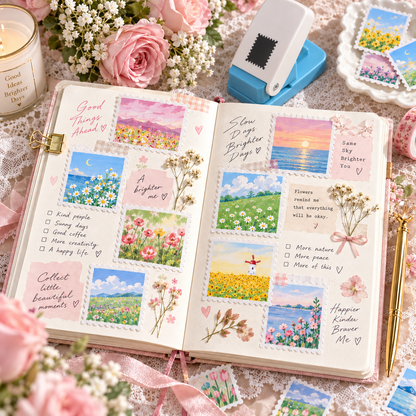 50-Piece Waterproof Watercolor Flower & Landscape Sticker Set