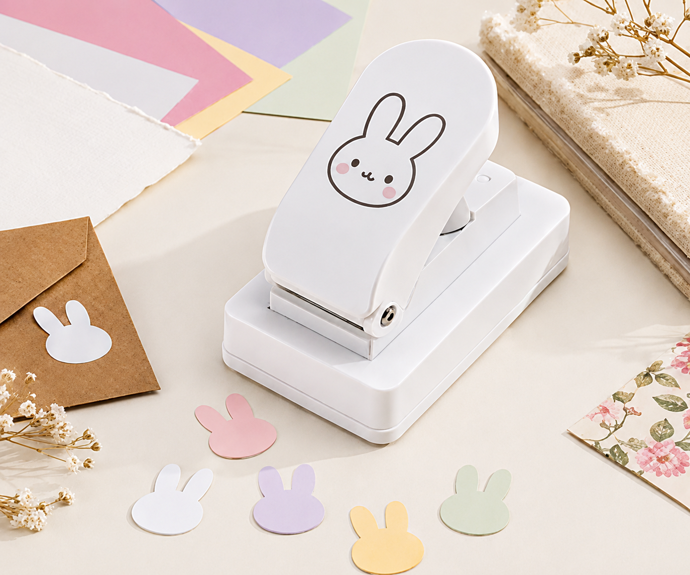 Paper punch shown next to everyday desk objects for scale