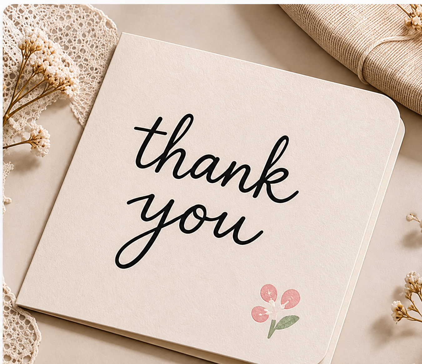 Handmade thank you card with rounded corners