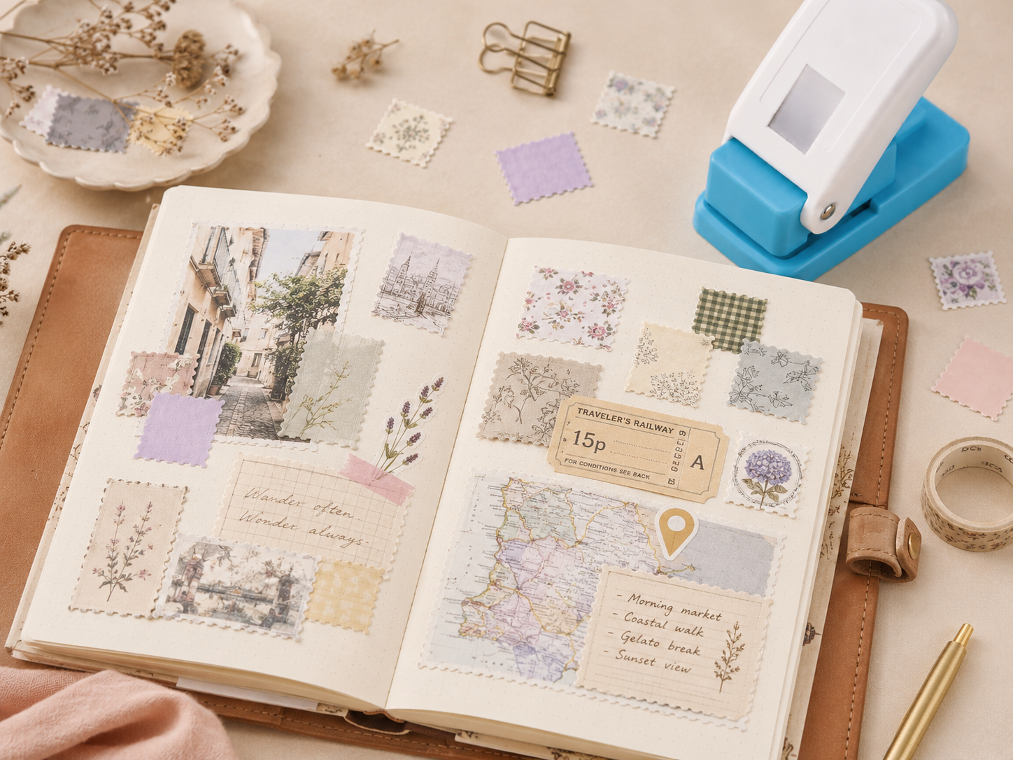 Travel journal spread with punched paper accents