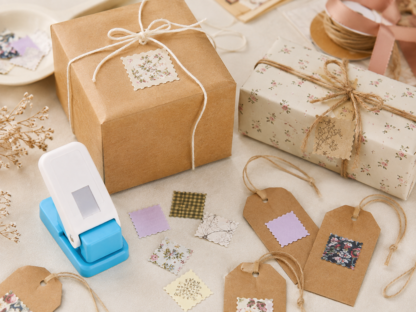 Gift tags with rounded corners and punched shapes