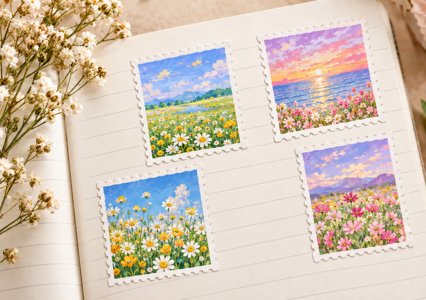 The same notebook page decorated with scenic stickers