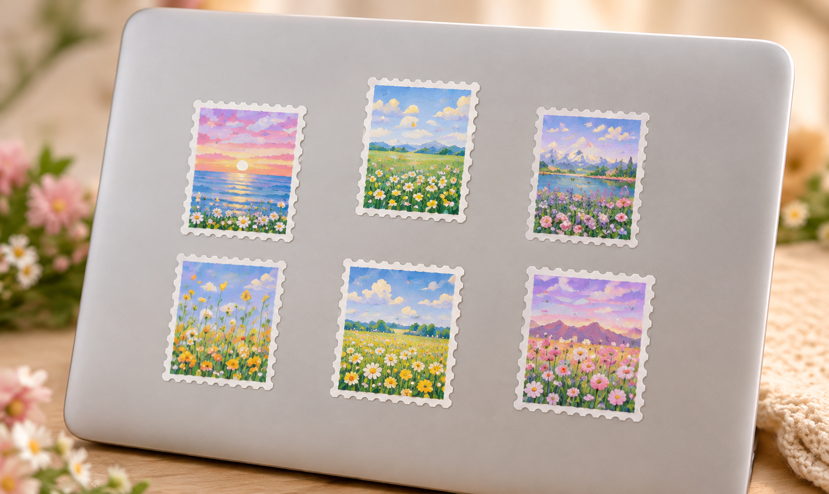 Laptop lid decorated with scenic stickers