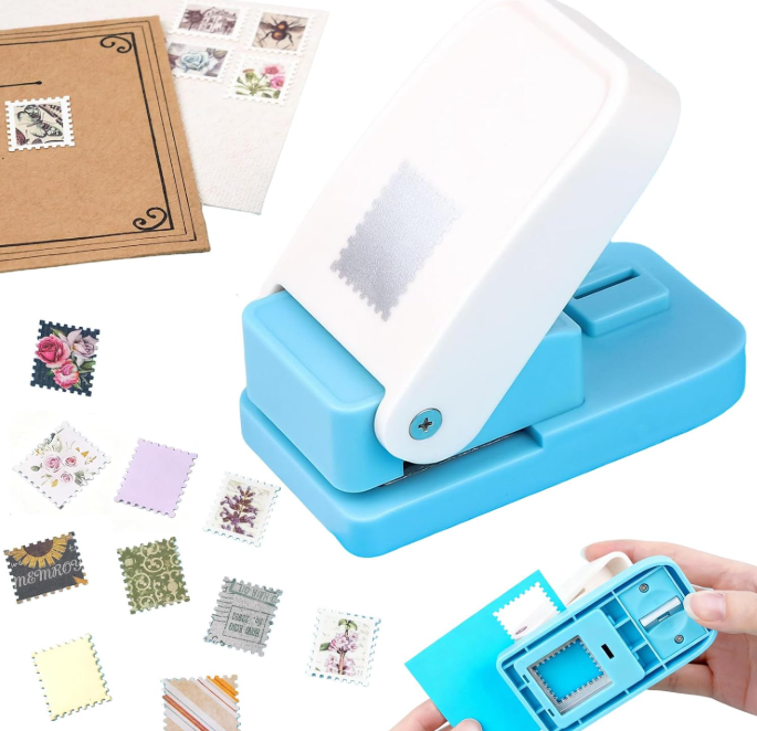 Vintage postage stamp punch with punched paper stamps